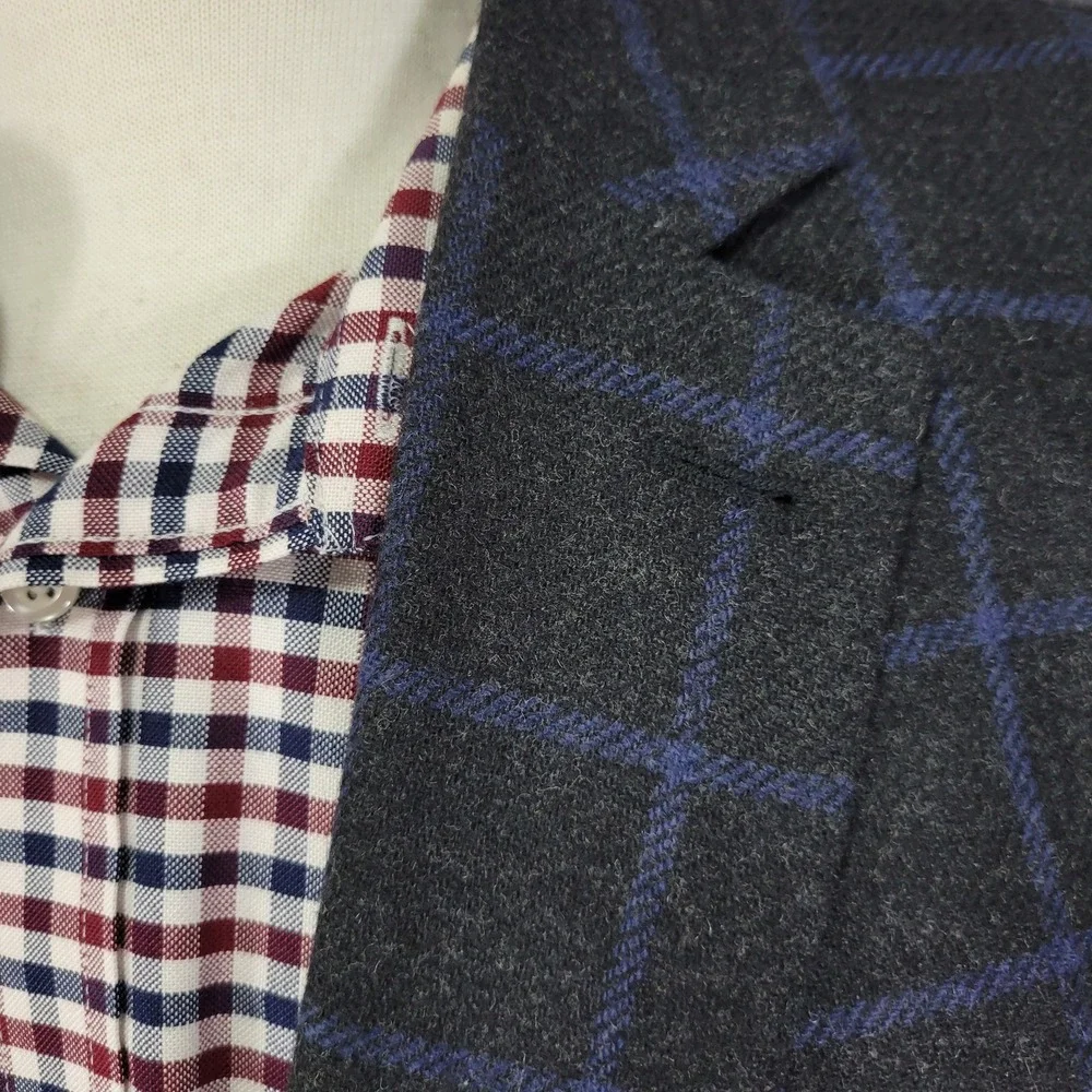 Westport Men's Sport Coat Blazer Two Button Flannel Charcaol Blue Plaid Wool 52R